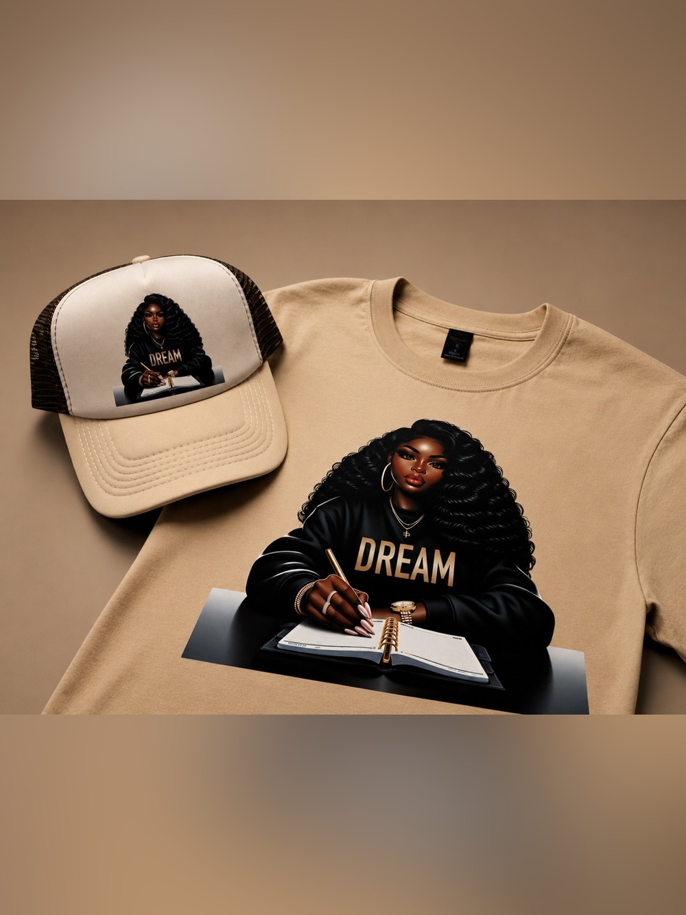 Dream Graphic T Shirt with Trucker Hat - Beige